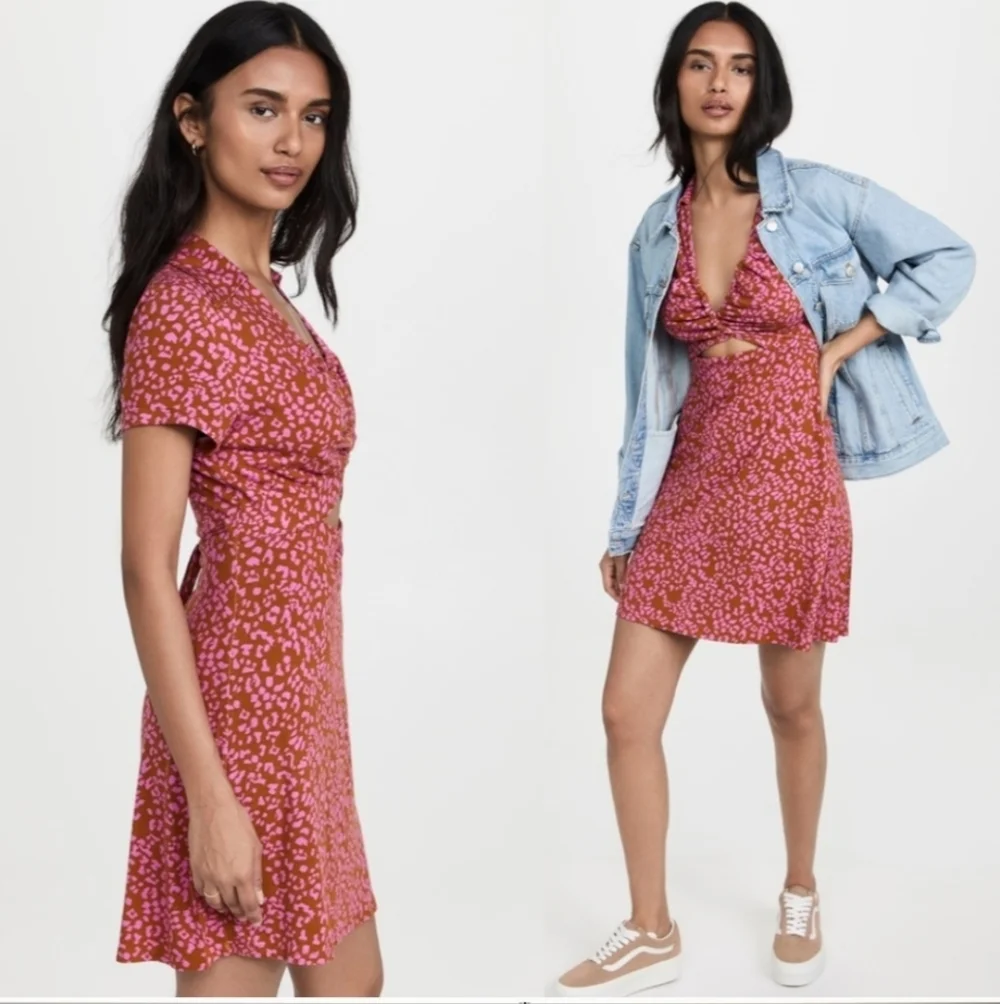 Beachy Festival Free People Marsaille Mini Dress Rust Combo Large Leopard